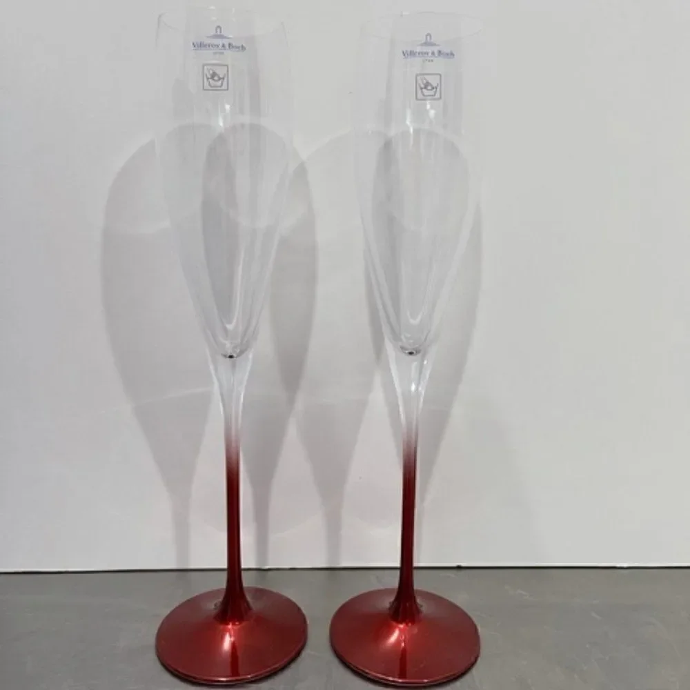 Villeroy & Boch Allegorie Premium Rose Champagne Flute Redwood Red Stem Pair